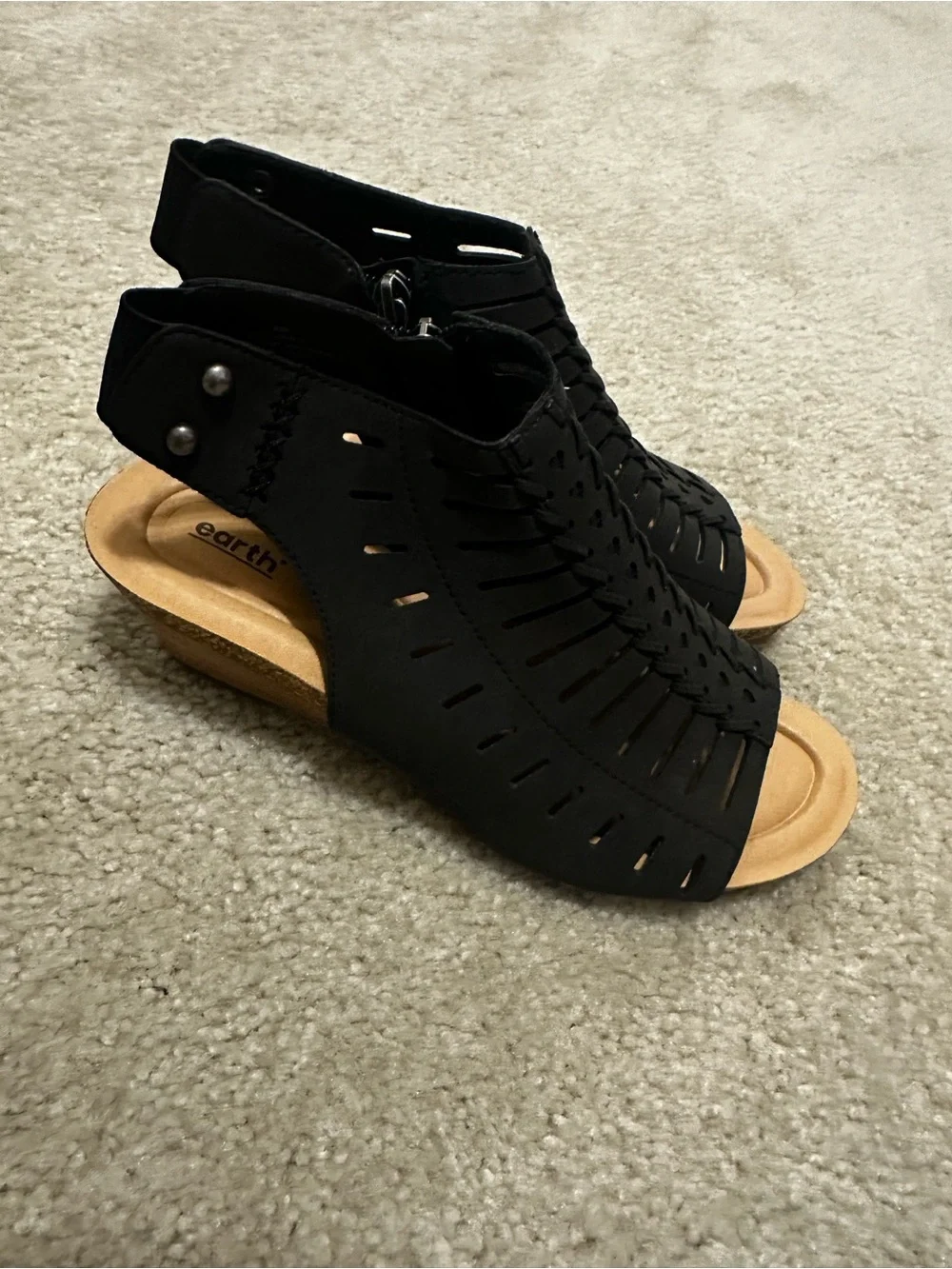 Earth Black Laser-Cut Peep Toe Wedge Sandals